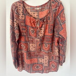 Ruff Hewn Red Patchwork Tie-Neck Peasant Tunic Boho Western